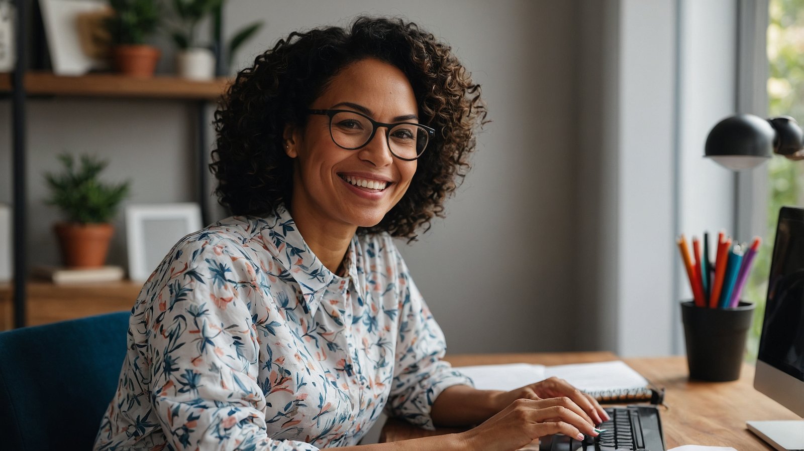 Leonardo_Kino_XL_An_image_of_a_lady_working_from_home_smiling_4 (1)